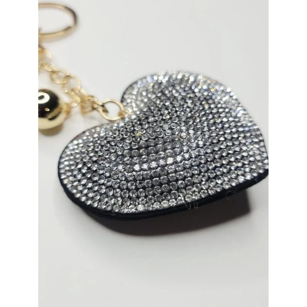 NWT Large Black, Silver And Gold Sparkle Heart Keychain, Bag Charm With Tassel